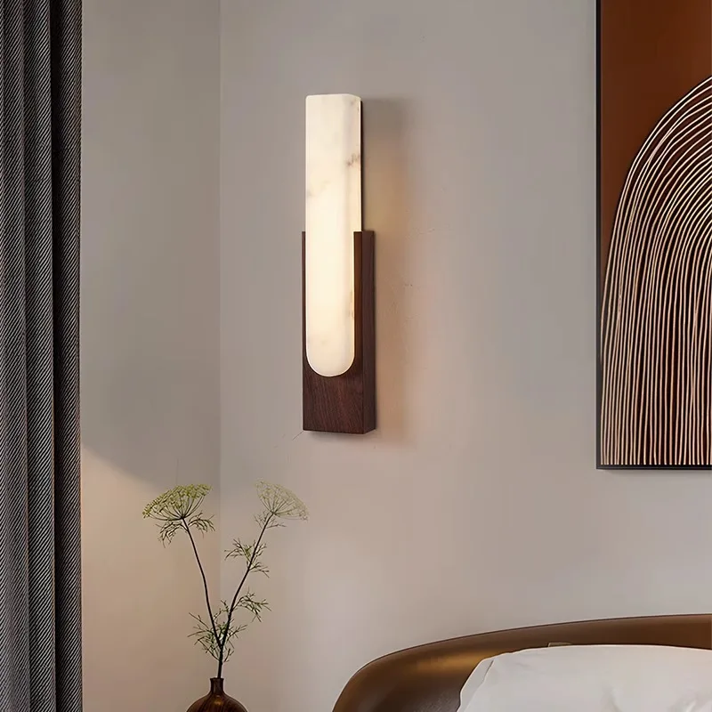 Imitatie marmeren wandlamp Japanse retro slaapkamer bedlampje medium antiek licht luxe walnoot kleur woonkamer gang ais