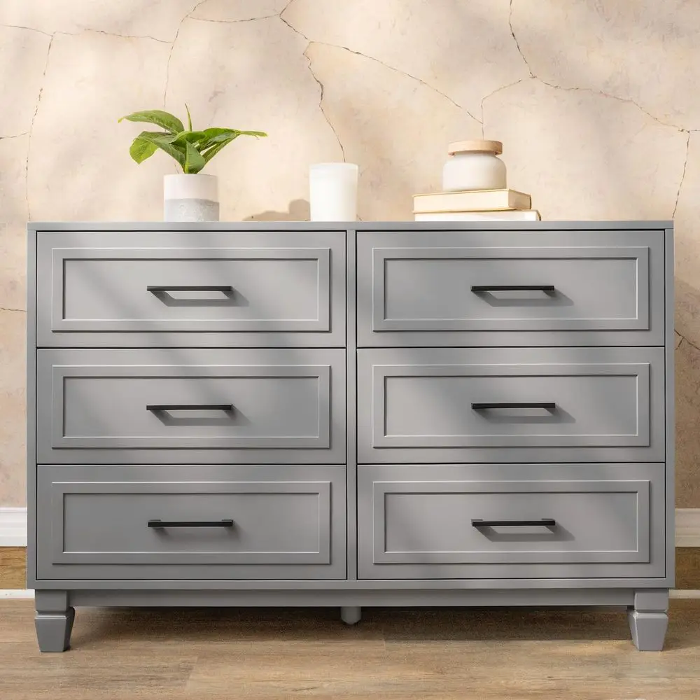 Dresser for Bedroom, 6 Drawer Dresser with Unique Solid Wood Legs, Modern Wide Chest Dressers for Clothes, Closet, Living Room,