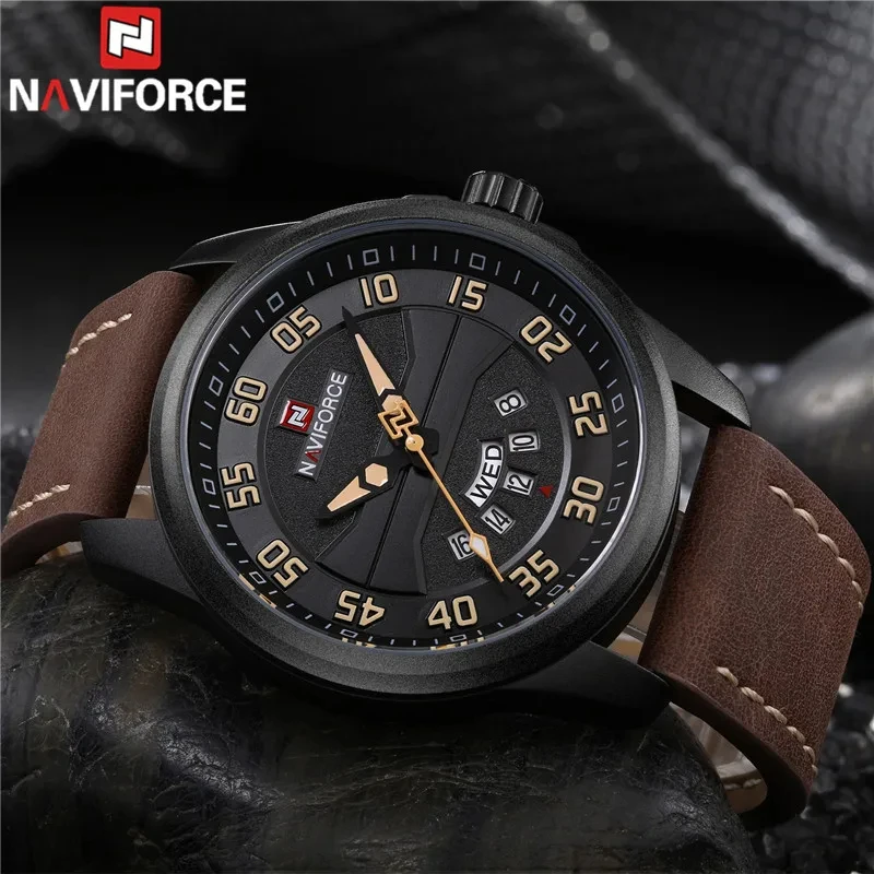 NAVIFORCE Top Brand Luxury Men Watch Date Week Sport Mens Watches Military Army Business Genuine Leather Quartz Male Clock 9124