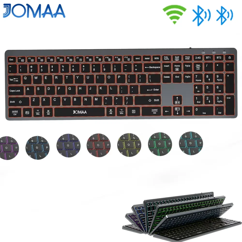 Teclado Inalámbrico JOMAA con Retroiluminación de Tamaño Completo, 2.4G y Bluetooth Dual, Ultrafino, Recargable y Silencioso para PC, Computadora Portátil