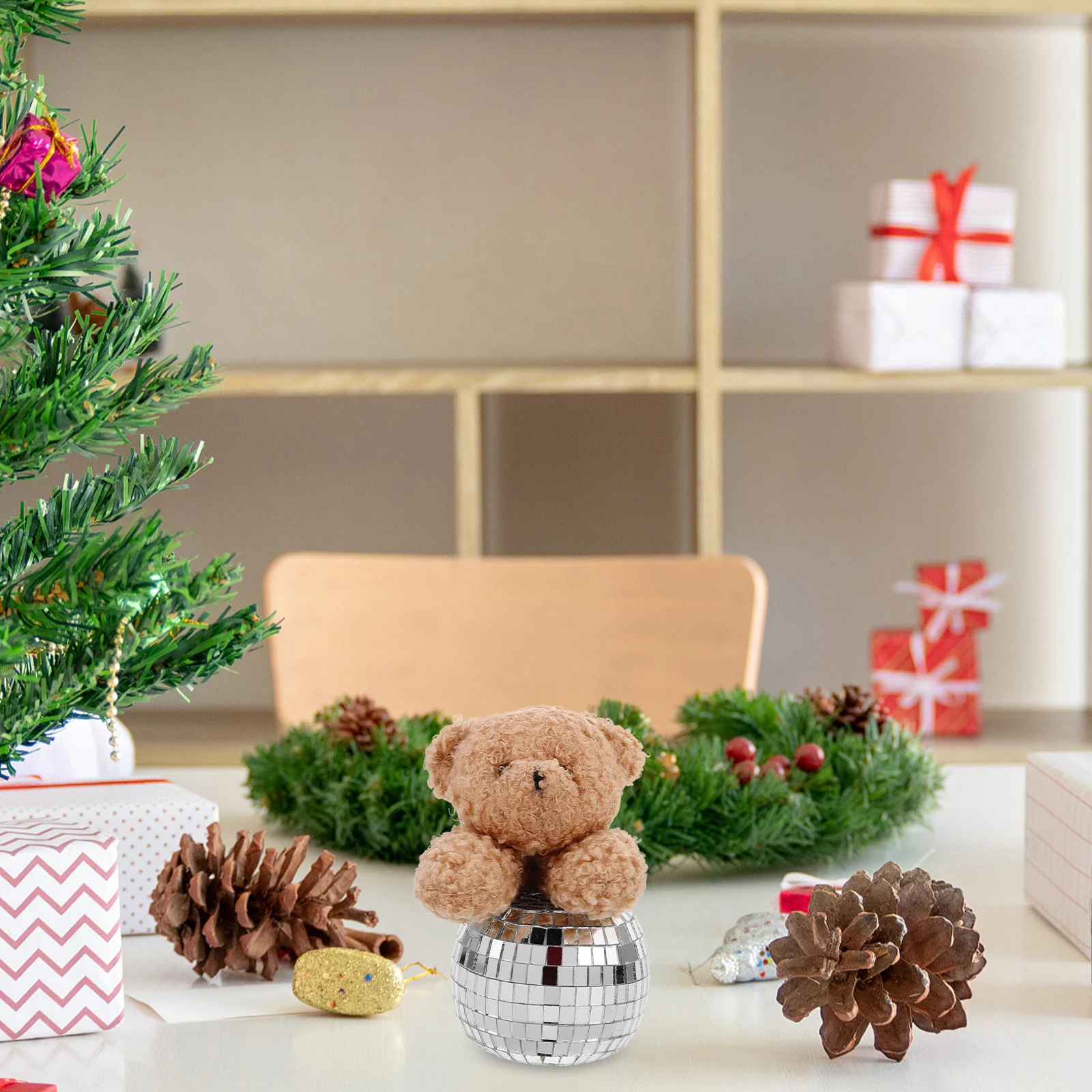 

Glass Disco Mirror Bear Stuffed Animal Ornament for Home and Party Tabletop Decoration Disco Themed Events Bear Home Decor