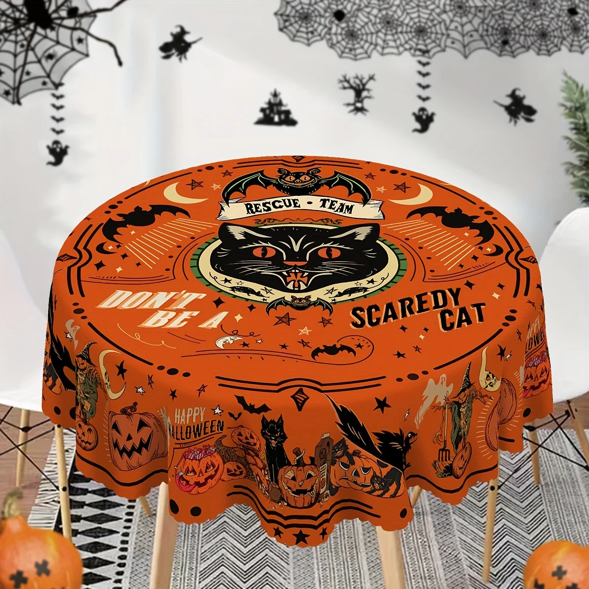 1 round tablecloth, Halloween tablecloth, black cat pumpkin retro tablecloth, painting bat crow scarecrow