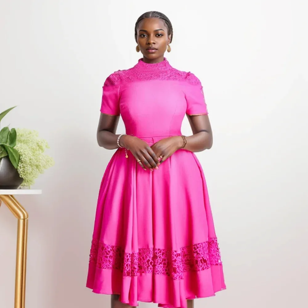 Women Dress Fashion New Short Sleeves High Waist African Dress Half High Neck A-line Rose Red Slim Fit Elegant Party Dresses