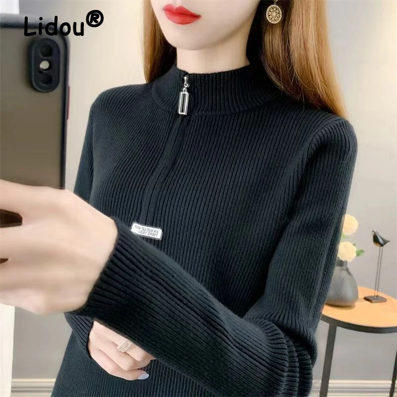 Autumn Winter Women Simple Stand Collar Half Zipper Basic Knitted Sweater Korean Solid Casual Long Sleeve Slim Fit Pullover Tops