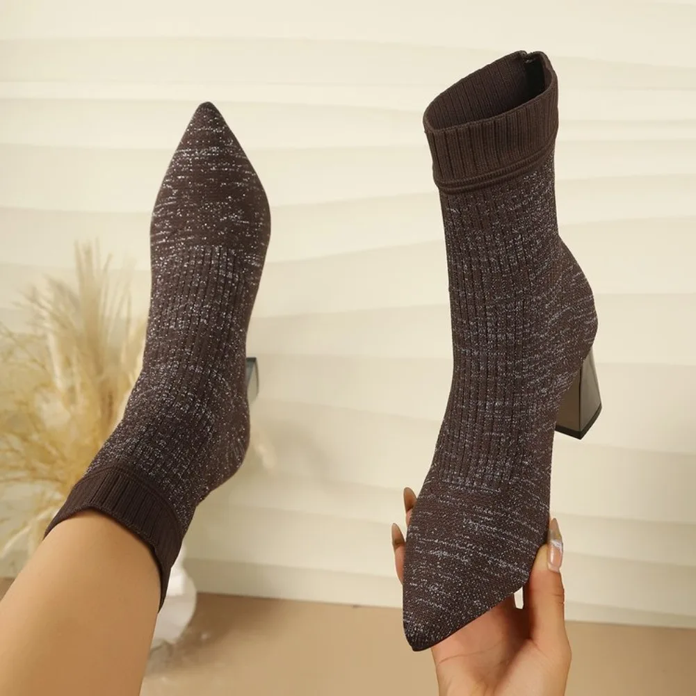 Women's Pointed Toe High Heels Sock Boots 2026 Autumn Brown Breathable Knitted Boots Woman Sexy Thick Heeled Dress Party Shoes