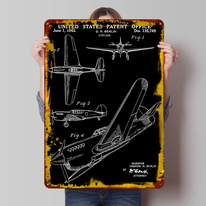 Airplane Patent Metal Poster Customized Wall Art Retro Vintage Tinplate Signs for Office Decoration Room Garage Decorations Home
