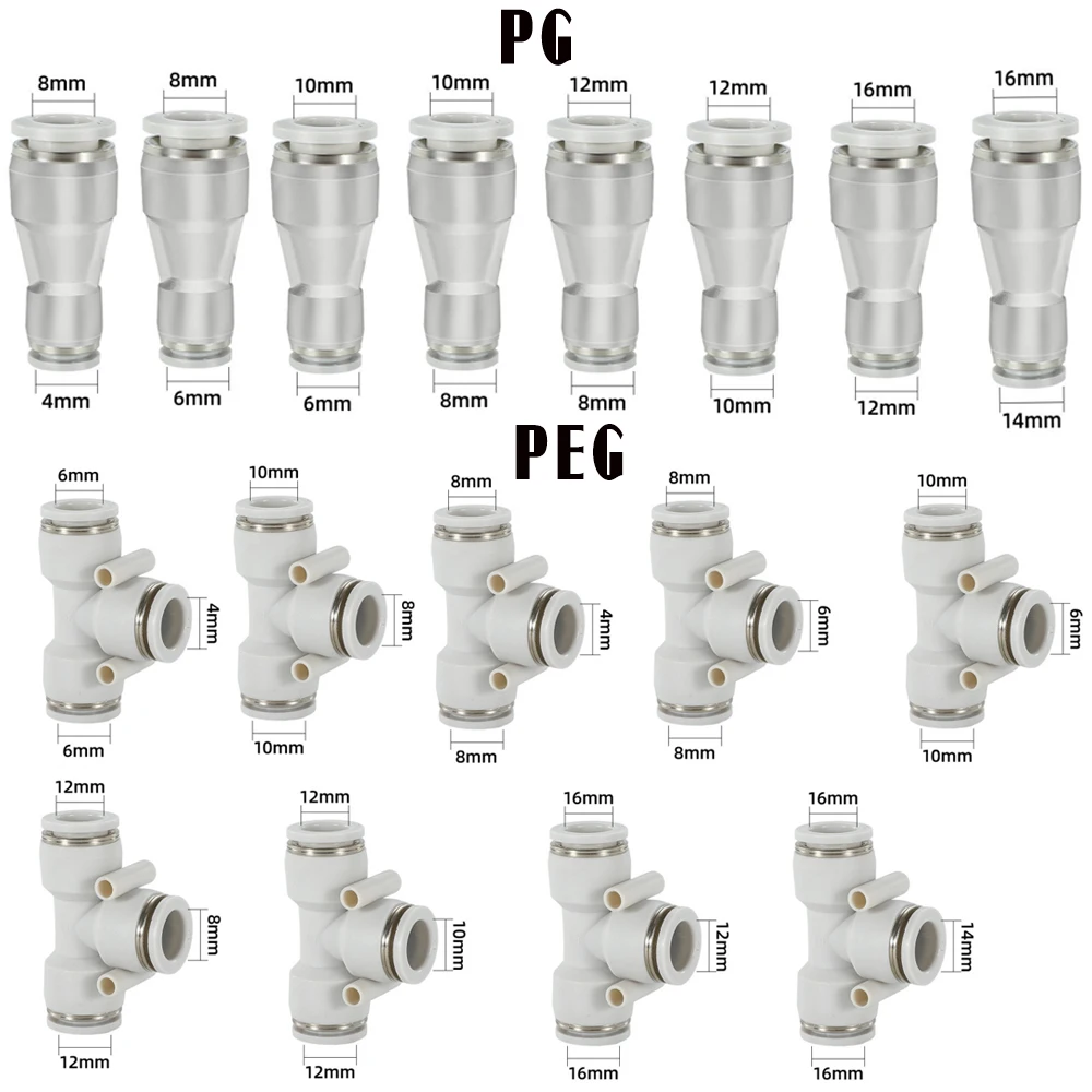 White Pneumatic Air Quick Push In Fitting 4 6 8 10 12 14 16mm PU PV PE PY PG PEG PW PZA Straight Elbow Tee Reducer