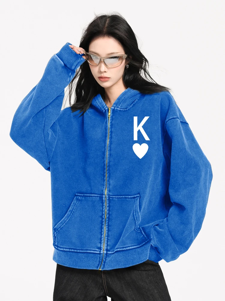 K Love Simple Printed Washed Zipper Clothes Female Fashion Cotton Hooded Autumn Loose Hoodie Casual Oversize Top Women