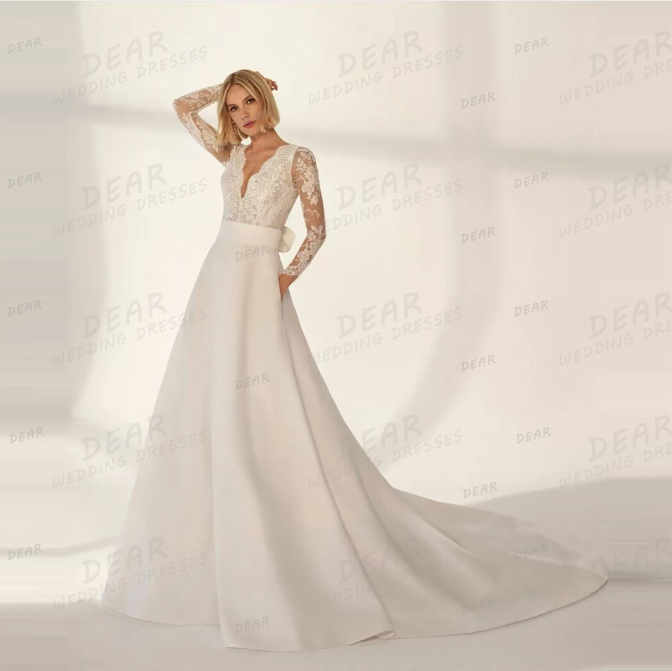 

Simple V Neck Wedding Dresses Woman's A Line Appliques Long Sleeve Sexy Backless Bow Satin Bridal Gowns Formal Vestidos De Novia