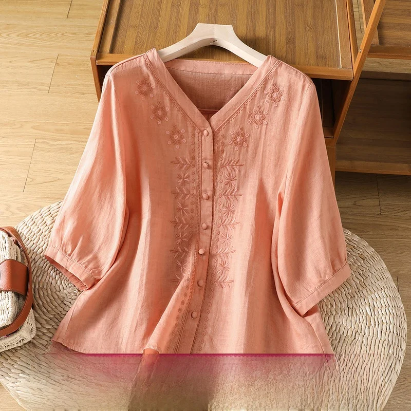 

Summer New Style Artistic Heavy Embroidery Cotton Linen Casual Loose Women's Shirt V-Neck Age-Defying Versatile Top Ethnic Style