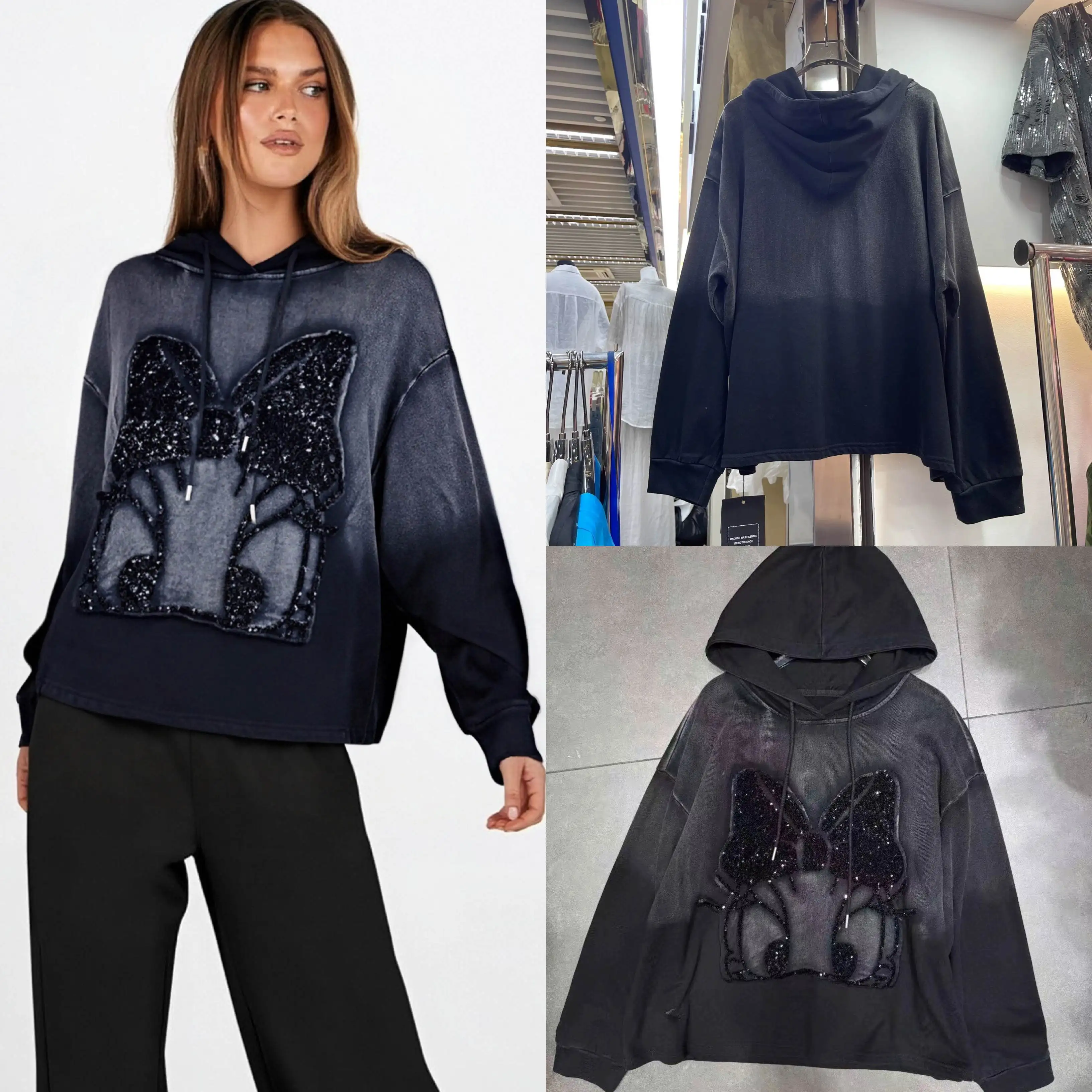 

Европейская и американская новая унисекс сверхмощная мультяшная вышивка блестками свободная толстовка с капюшоном и длинными рукавами футболка