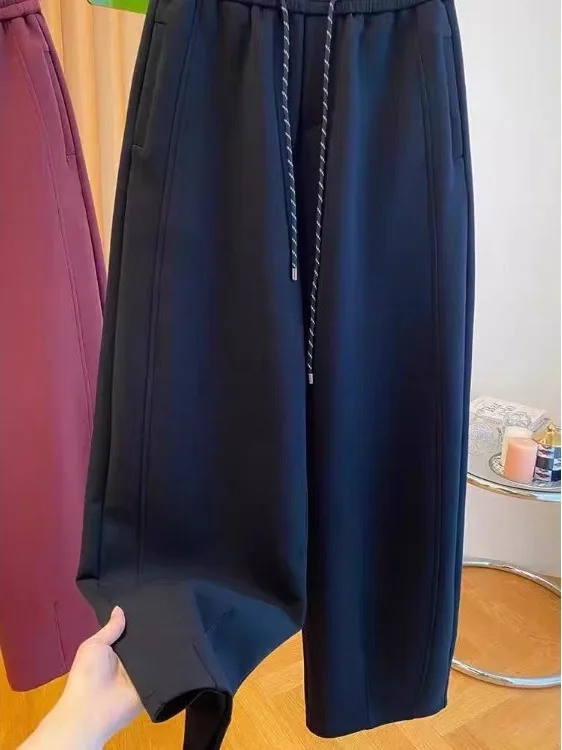 Cintura alta ey casual esportes calças de perna larga para mulheres outono na moda emagrecimento nove pontos calças confortáveis plus size