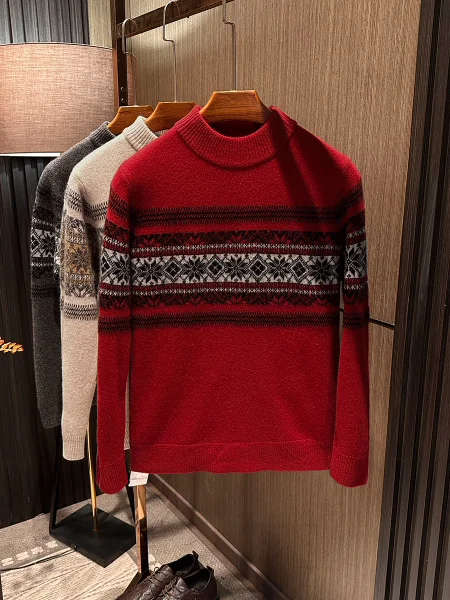 

High Quali 00% Wool Men's Knitwear round Ne Sweater in Festive Red Winter Faion Busin Sle Long Sve Casual Wear