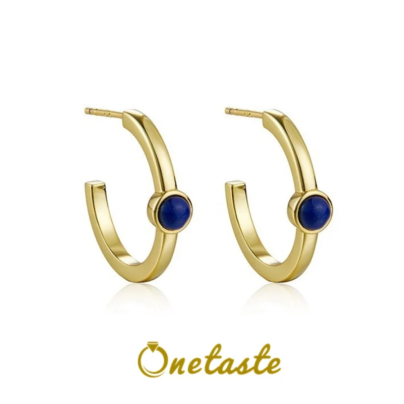 Minimalism 925 Silver Gold Plated Blue Lapis Lazuli Hoop Earring For Women C Shaped Simple Geometric Small Earrings 2023 New