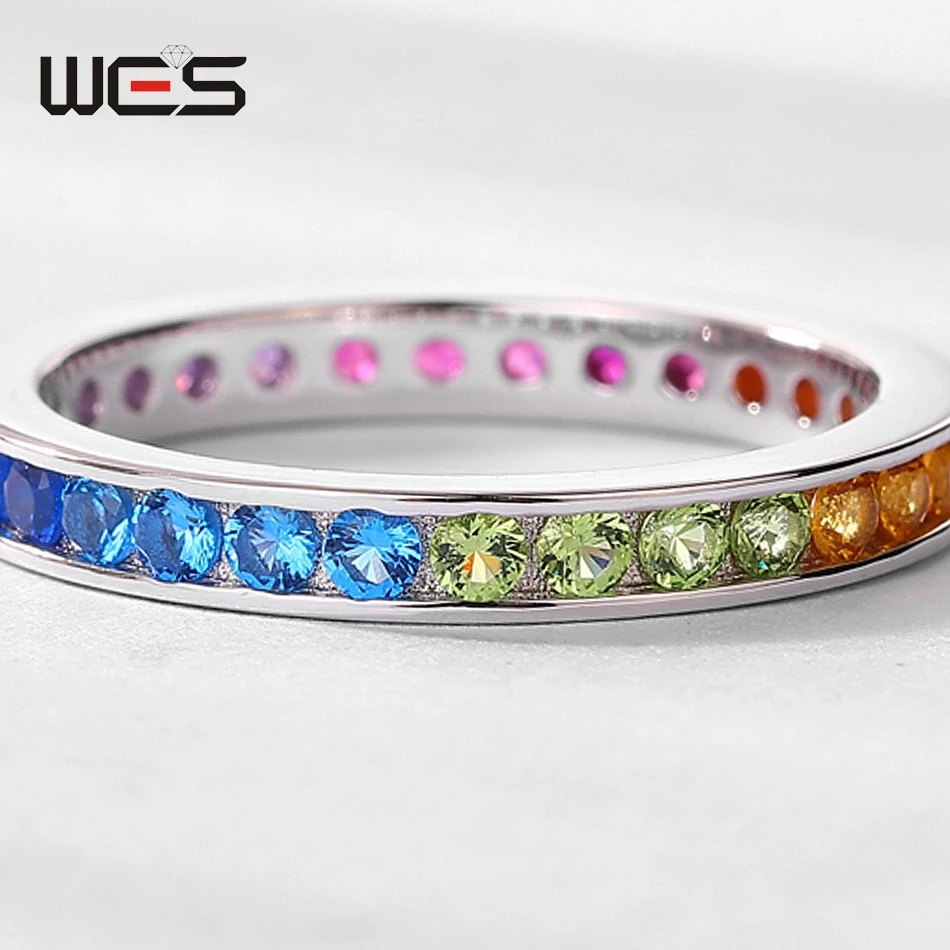 WES-anillos de plata de ley 925 para mujer, cristal de arcoíris colorido, Zicron de 2x2mm, regalos certificados, joyería fina, banda de fiesta, venta al por mayor