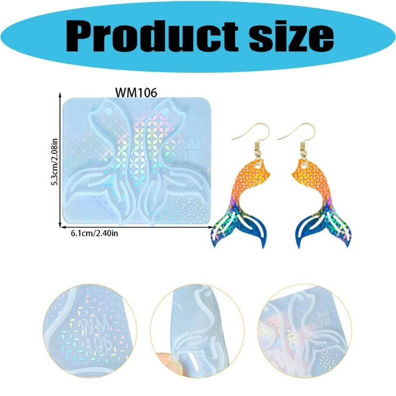 Silicone Resin Jewelry Mold Fish Tail Casting Mold with 2 Mirrored Cavities, Flexible DIY Earring Pendant Charm Mold for E0BF