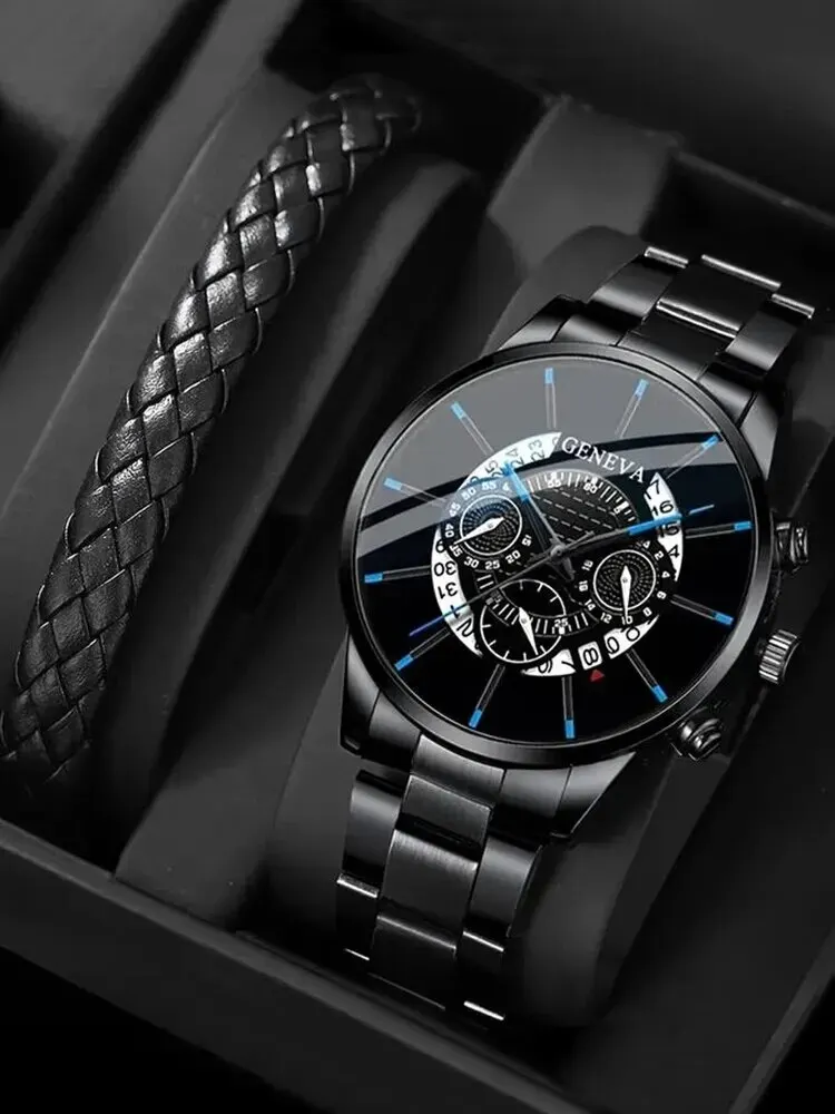 

2PCs Fashion Business Men's Calendar Round Black Steel Band Watch+Woven PU Leather Bracelet Set
