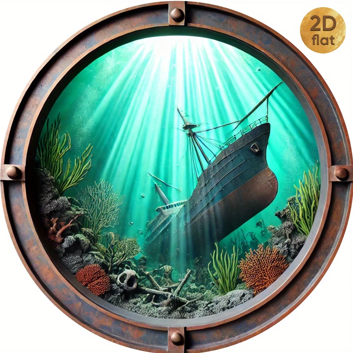 2D Metal Porthole Wall Art Ocean Shipwreck Coral Reef Aquarium Decor Gift