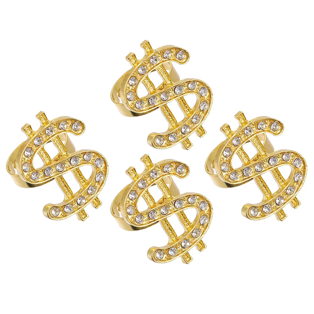 

4Pcs Dollar Symbol Rings Fashion Hip-Hop Golden Rings Stylish Rapper Costume Finger Jewelry Hip-Hop Golden Ring