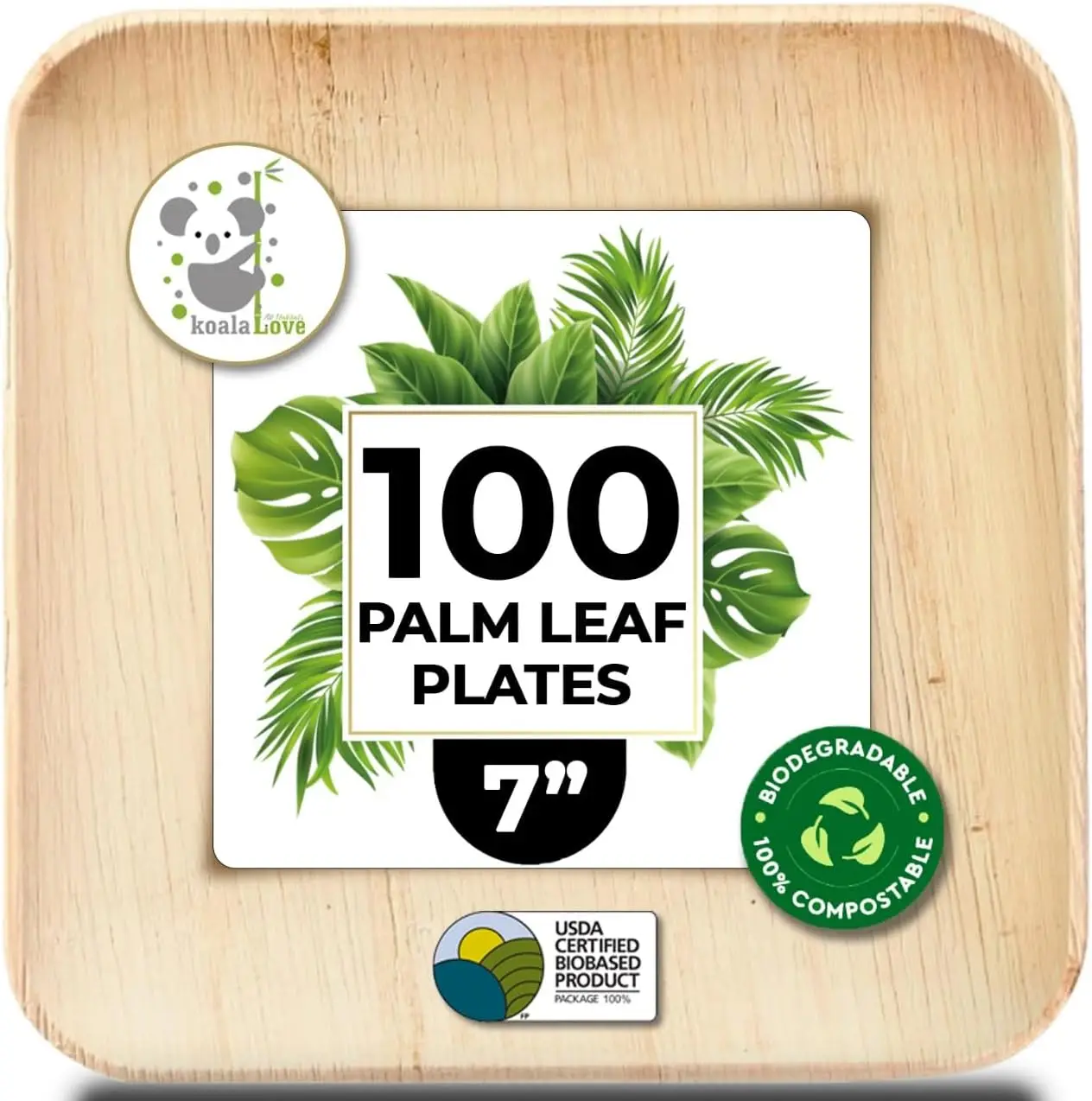 

7" Square Palm Leaf Plates 100-Pack Sturdy Eco-Friendly Disposable for Parties