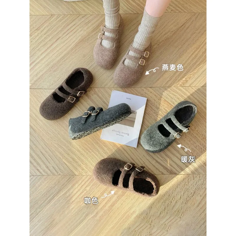 Mom Women's Round Toe Double Buckle Knit Mary Janes Fur Lined Low Heel Shoes Leather Decorated Slip-On Loafers