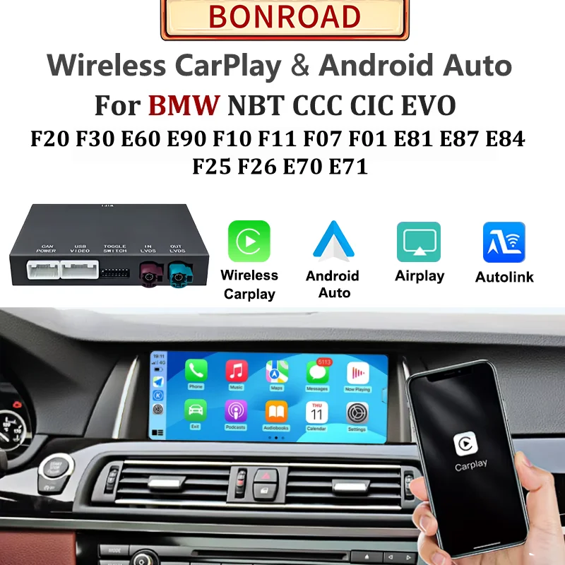 BONROAD Wireless CarPlay Android Auto For BMW 1 2 3 4 5 6 7 Series X1 X3 X4 X5 X6 MINI F20 F21 F22 F30 F31 F33 F34 E60 E61 E62 E63 E64 E90 E91 E92 E93 F10 F15 F16 F13 E84 E87 CCC CIC NBT EVO Module