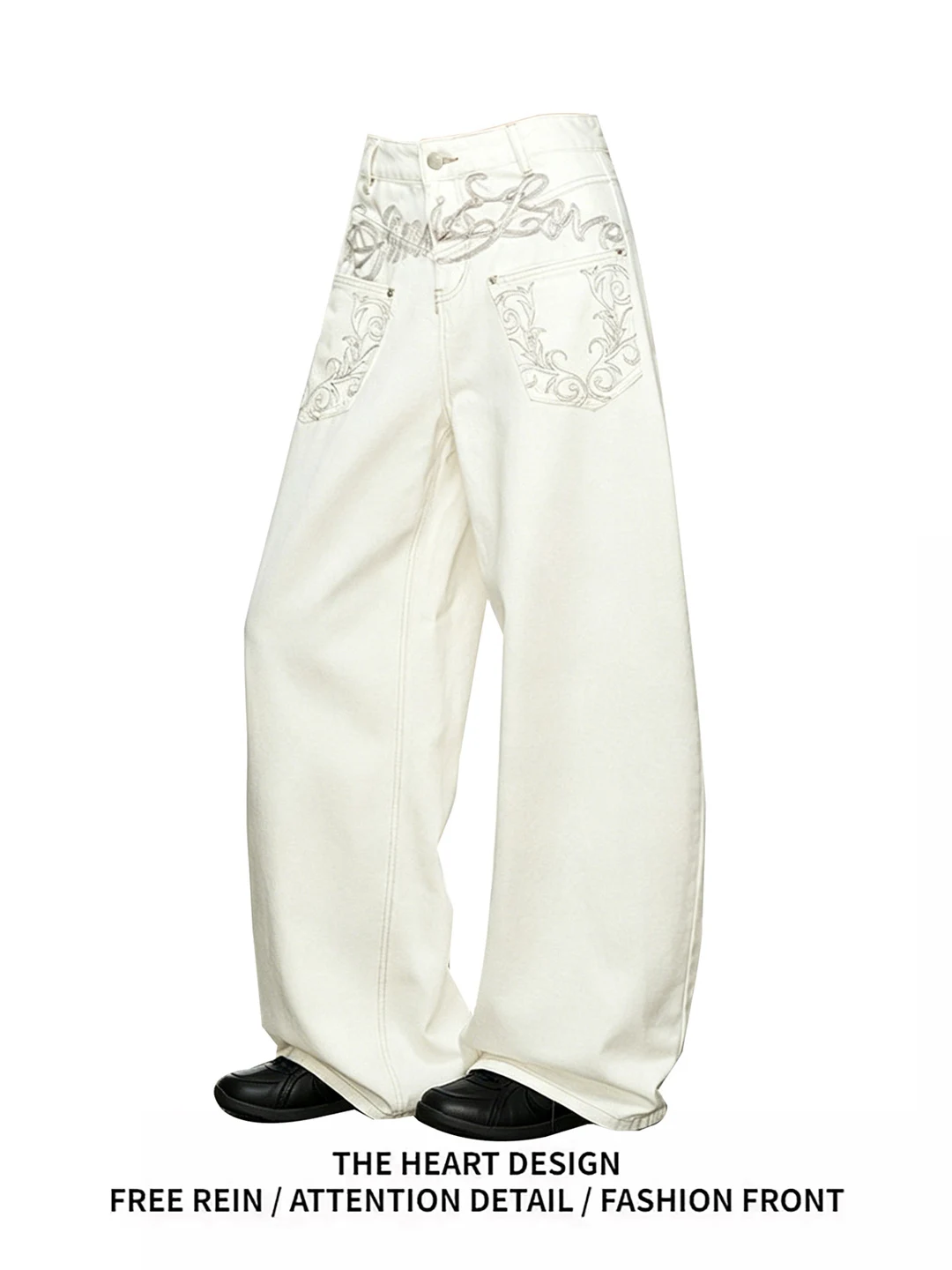 

Retro American White Floral Embroidery Straight Leg Jeans Women's Summer Design Loose Wide Leg Pants Casual High Waist Denim