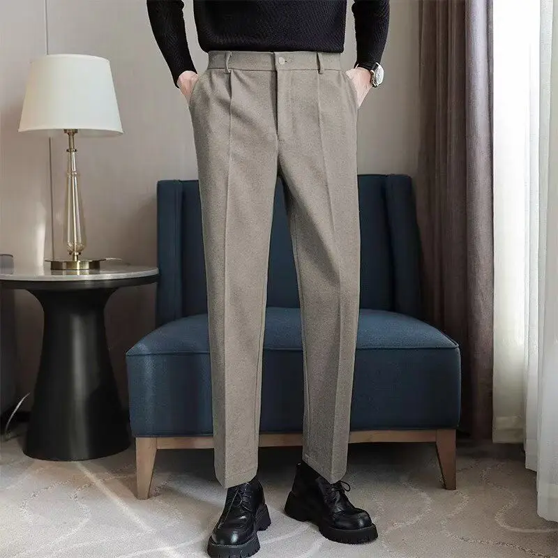 

Autumn Winter Woolen Casual Pants Straight Trousers Men's Slim-fitting Nine-point Suit Pants Mid-high Waist Suit Pants