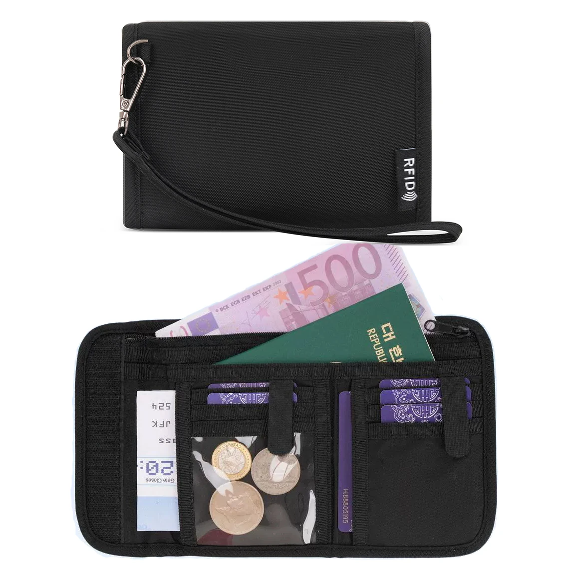 

Многофункциональный кошелек с защитой от RFID и держателем для карт, органайзер для путешествий с отделениями для наличных, удостоверений личности, монет, паспортов, билетов, кошелек-браслет