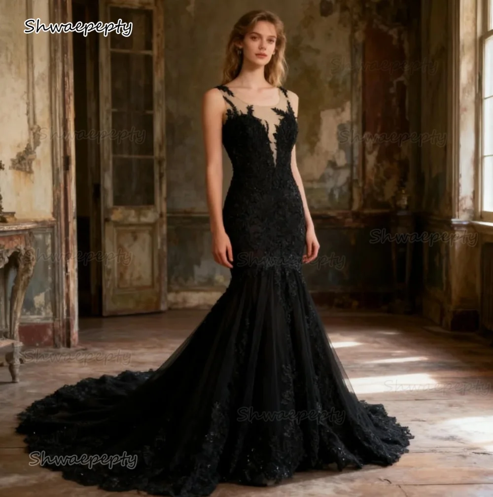 

Vintage Black Lace Mermaid Wedding Dress Gothic Bridal Gowns Illusion Champagne O-neck Sleeveless Long Bride Dresses Customized