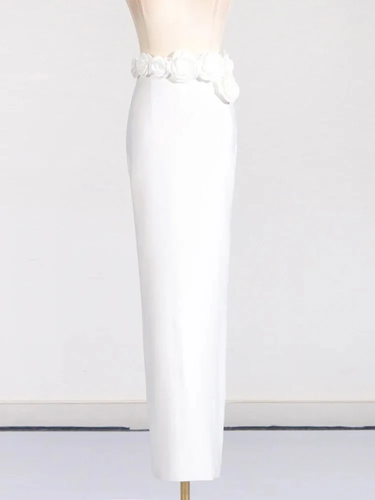 BPN Temperament Two Piece Sets For Women Square Collar Long Sleeve Spliced Appliques Tops High Waist Skirts Elegant Set Female