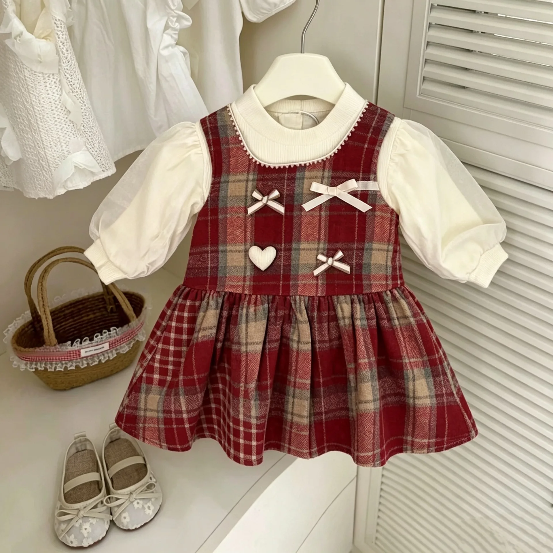 Baby Girls Kids Fall Korean Dark Plaid Girls School Style Dress Infant Princess Dress Fall Fake Two Piece Skirt