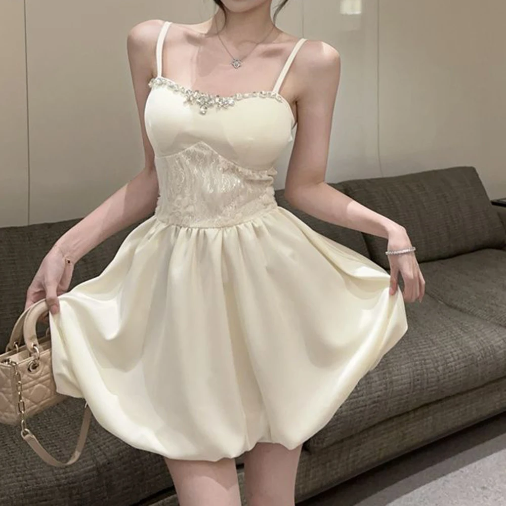 daughter celebrity heavy industry nail drill suspender dress women's summer slim waist A word princess bud short skirt