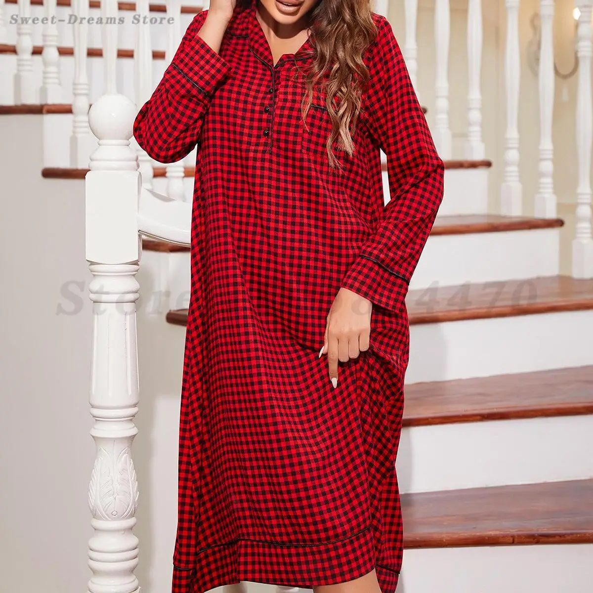 Red Checkered Nightgown 2024 Spring Autumn Long Sleeved Nightdress Fashion Lapel Collar Sleepwear Intimate Lingerie Home Dress