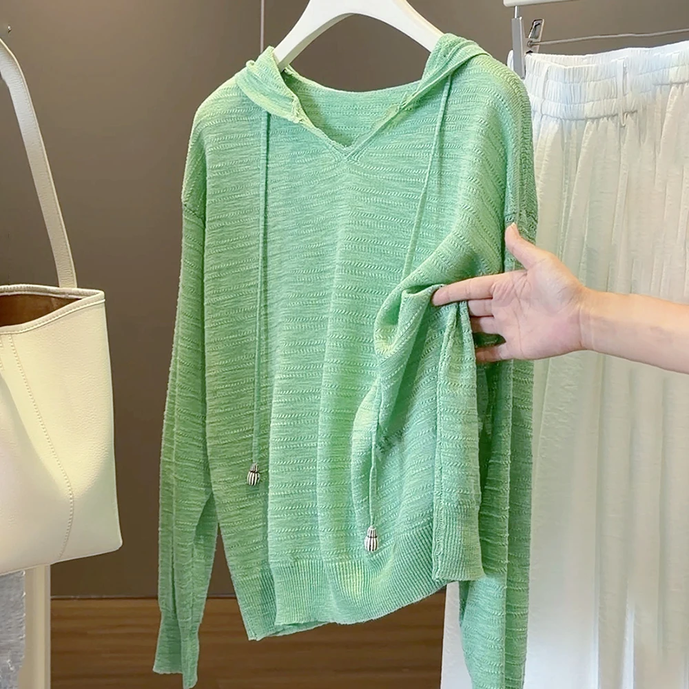 Women Hollow Out Thin Knitted Hooded Shirts Spring Summer Long Sleeve Sun Protection Shirt Casual Loose Solid Color Tops 2026
