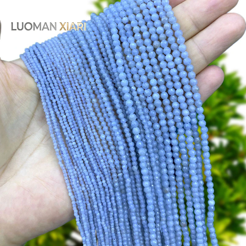 2 3 4MM Natural Stone Faceted Gem Blue Angelite Round Loose Spacer Beads for Jewelry Making Diy Bracelet Charms Accessories 15''
