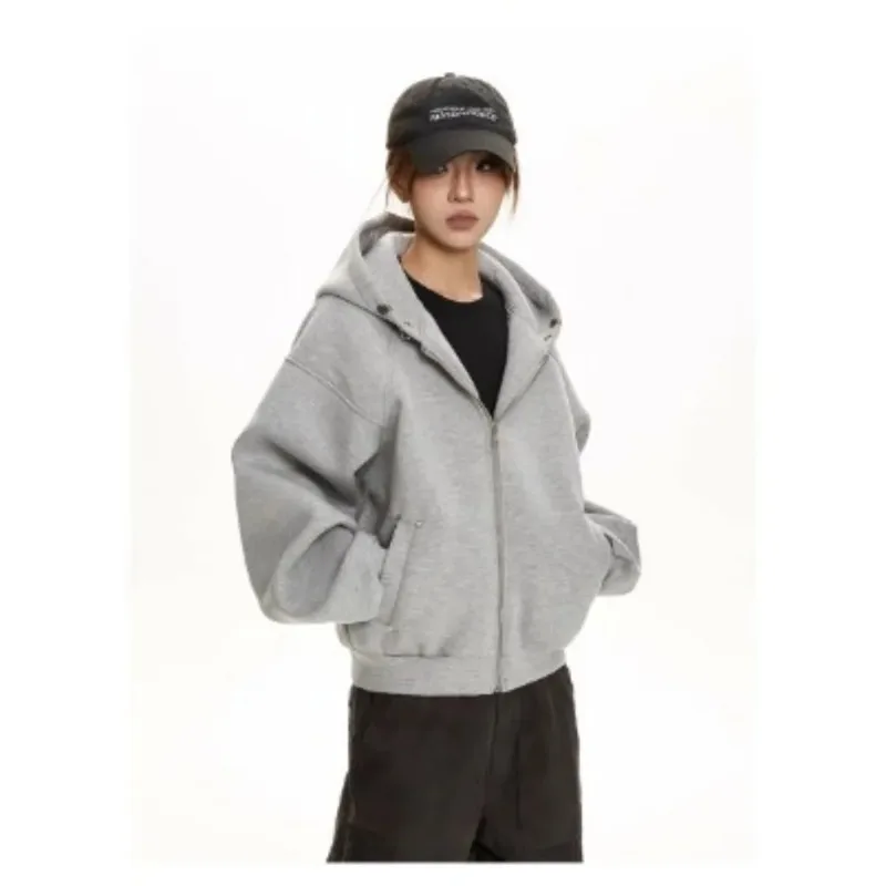 Retro Women's Zip Up Hoodie Sweatshirt Autumn Winter Fashion Harajuku Loose Hoodie Jacket Y2k Korean Solid Streetwear Kpop Tops
