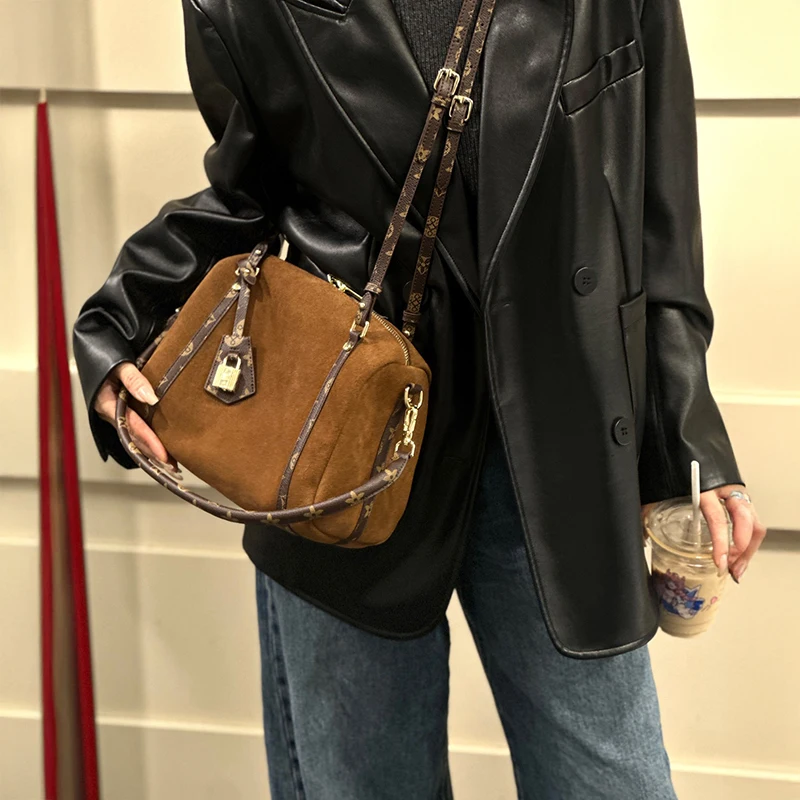 

MENDY Shoulder Suede Bag Large Top handle Boston Pillow Bag Women Large Capacity Boston Commuter Bowling Bag Lady Designer New