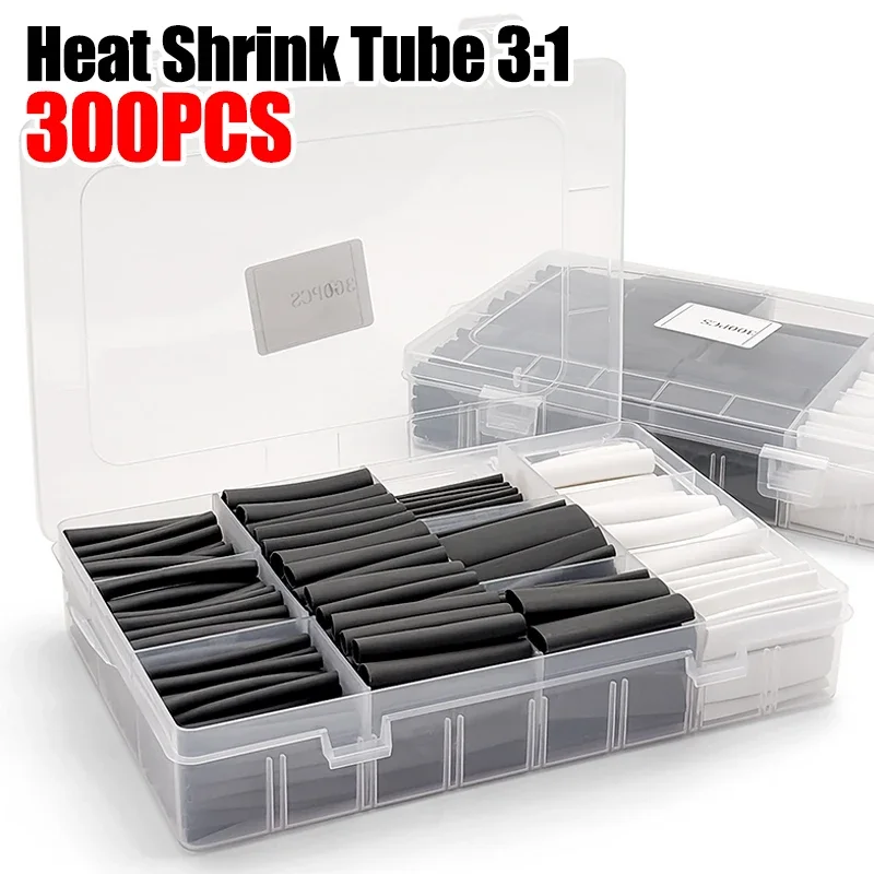 Electrical Cable Repair Kit 300Pcs Polyolefin Heat Shrink Tube Black White Flame Retardant Waterproof Wire Joint Insulation Wrap