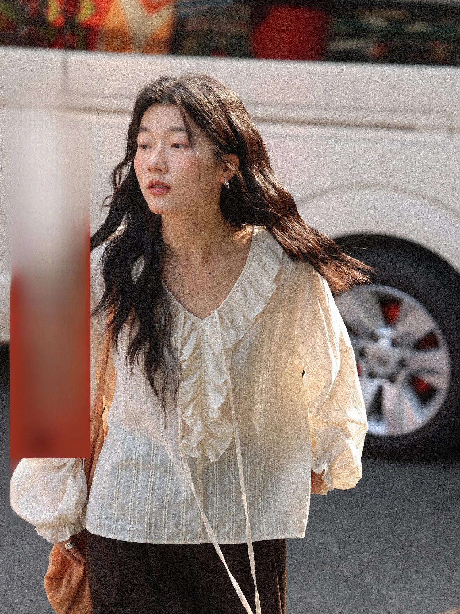 

Spring 2026 Women's Long Sve irt Faded Rose Lace Hem French Sle Loose Fit V-Ne Button up Striped Top Lazy Sle