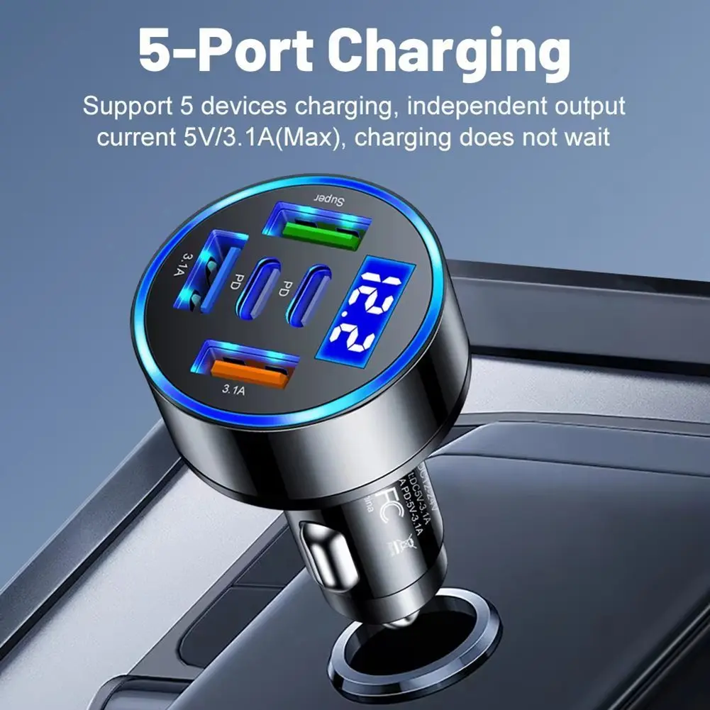 Auto 5 Ports Charger ABS Aluminum Alloy 4*4*6cm 12-24V Fast Charging PD For QC3.0 Expanded Charging Capacity Charger Adapter