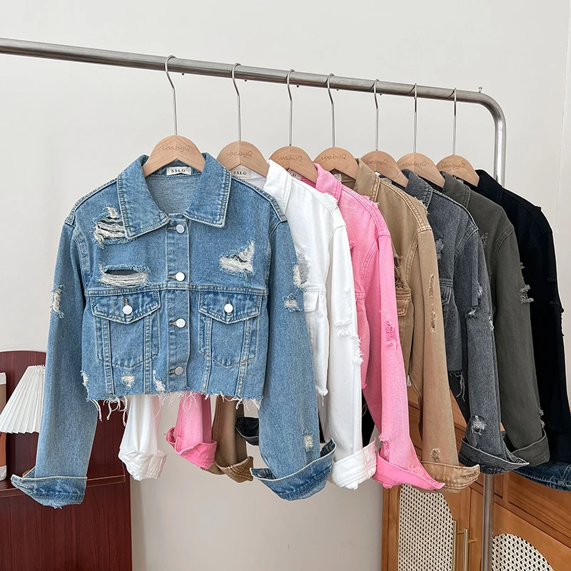 

Design sense casual fashion versatile polo collar ripped hole single breasted long sleeved denim fringed women's short jacket