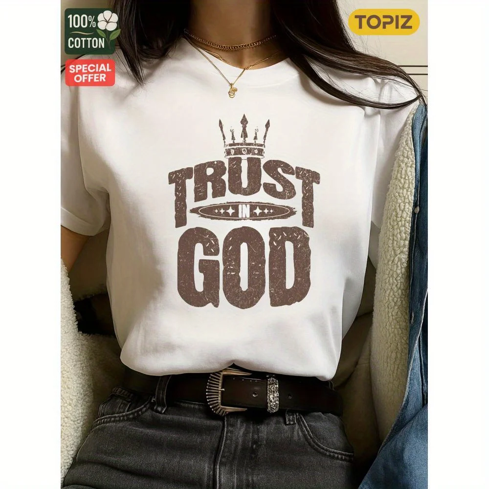 

Women's T-Shirt, Crew Neck Short Sleeve Casual Top, Graphic T-Shirt, Trust In God With Crown, 100% Cotton, Shirt for Halloween