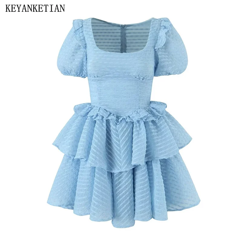 

KEYANKETIAN 2024 New Launch Women's Tiered Ruffles Puff Sleeve Dresses Summer Lolita Style Sweet Slim Fresh Textured Mini Dress