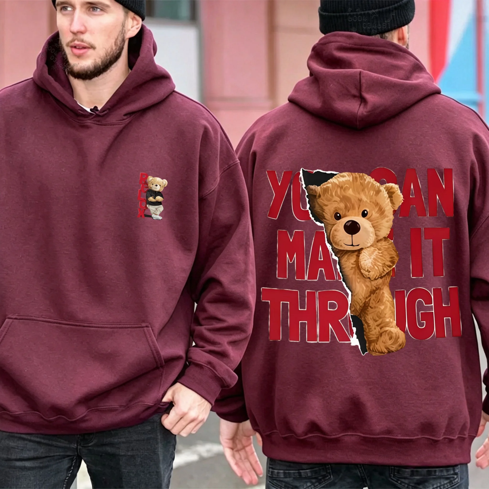 Hipster double-sided printed teddy bear men's hooded sweatshirt. Couple loose lettered bear casual long-sleeved t-shirt.