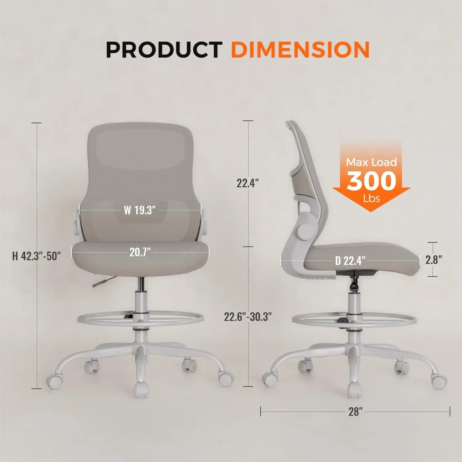 Armless Drafting Chair, Tall Office Chair For Standing Desks | Foot Ring, Breathable Lumbar Mesh, Silent Casters For Compact