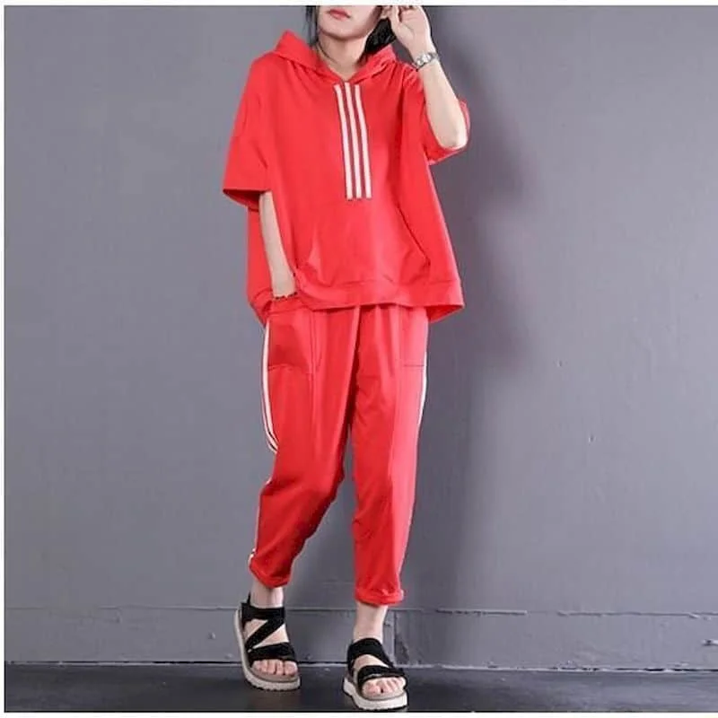 Casual Pants Sets Korean Fashion Loose Half Sleeve Striped Hooded T-shirt Tracksuit and Harem Pants Two Piece Set Women Outfits