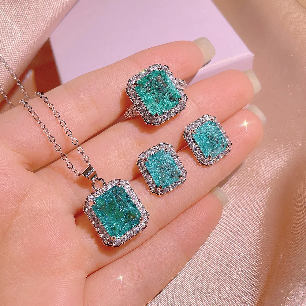 Exquisite diamonds inlay sparkling square blue-green gemstone jewelry sets fashion earrings rings necklaces wedding accessories