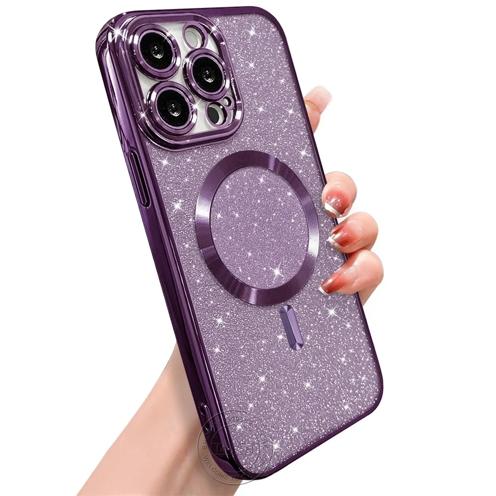 Glitter Bright Cover For iPhone 16 15 14 13 12 11 Pro Max Plus Magsafe Plating Soft Wireless Charging Bling Shining Sparkly Case - náhled 6