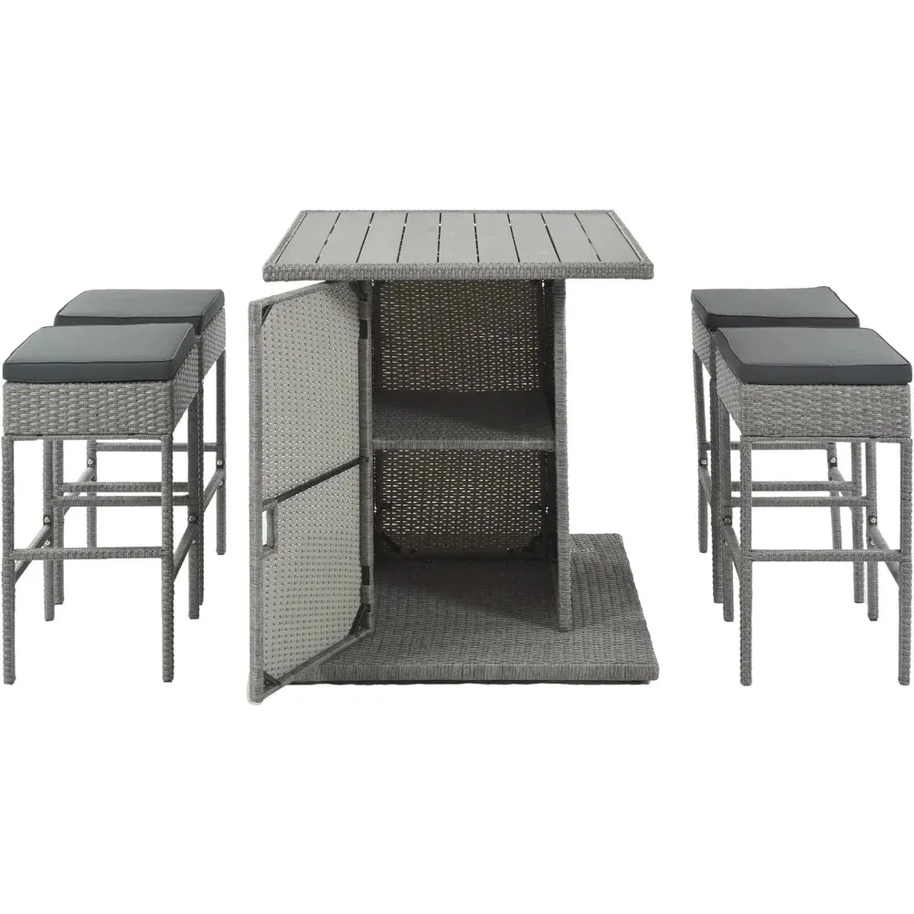 3/5/7pc Rattan Dining,PE Wicker Square Kitchen Table Set w/ Stools,Bar Height Chairs & Storage Shelf for Poolside,Garden